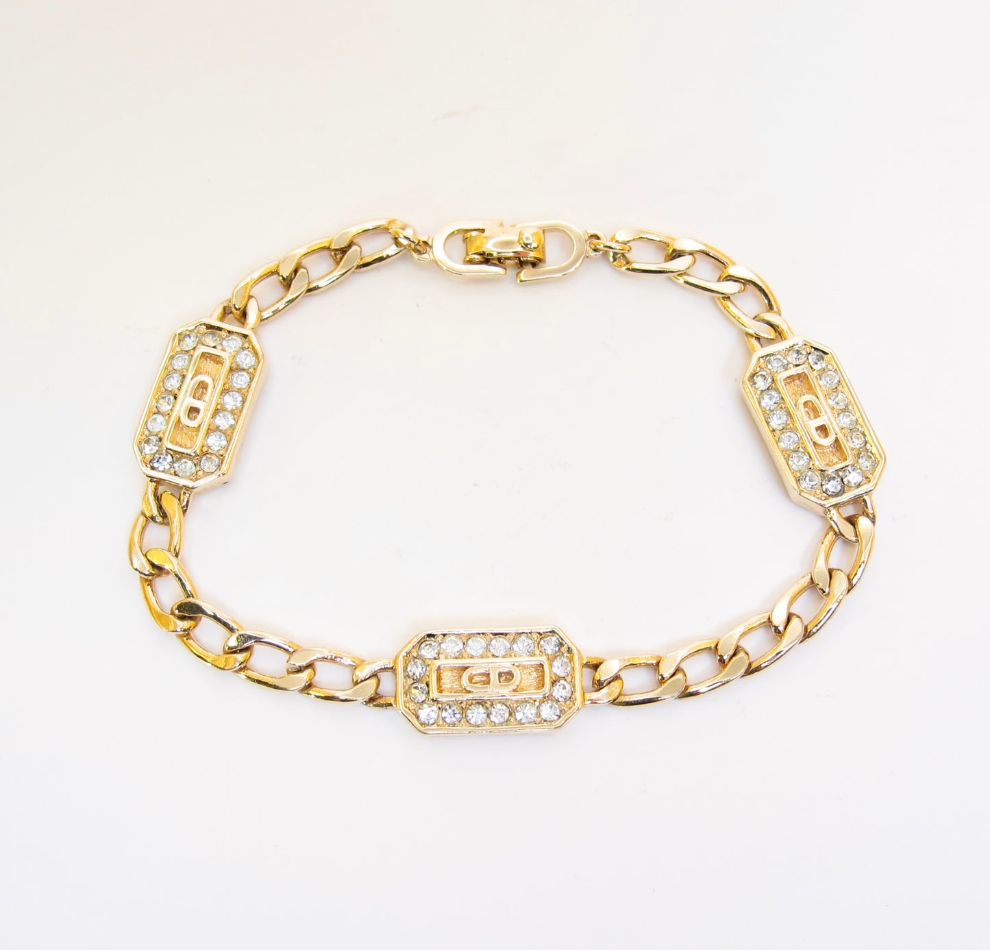 Christian Dior Vintage CD Logo and Rhinestone Golden Bracelet