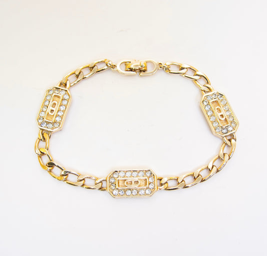 Christian Dior Vintage CD Logo and Rhinestone Golden Bracelet