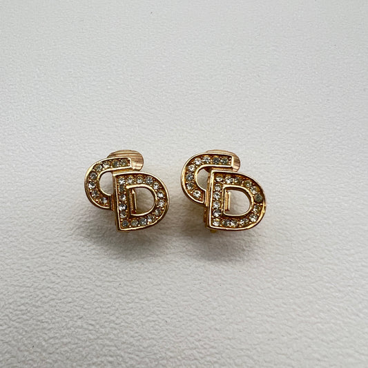 Christian Dior Vintage CD Logo with Rhinestone Golden Clip-on Earrings