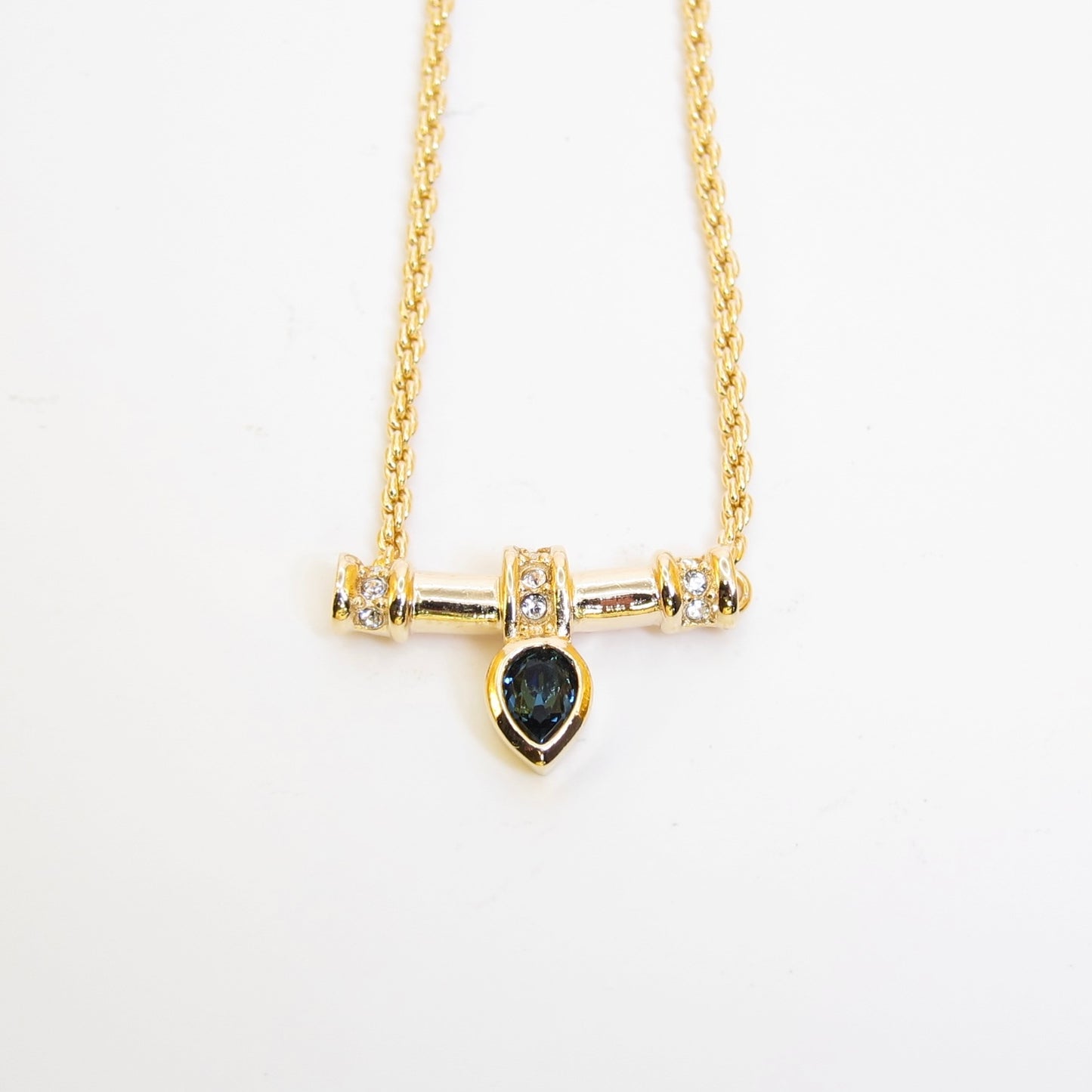 Christian Dior 復古藍色寶石和水鑽吊墜金色項鍊