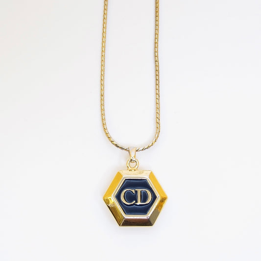Christian Dior Vintage CD Logo Hexagon Black and Golden Necklace