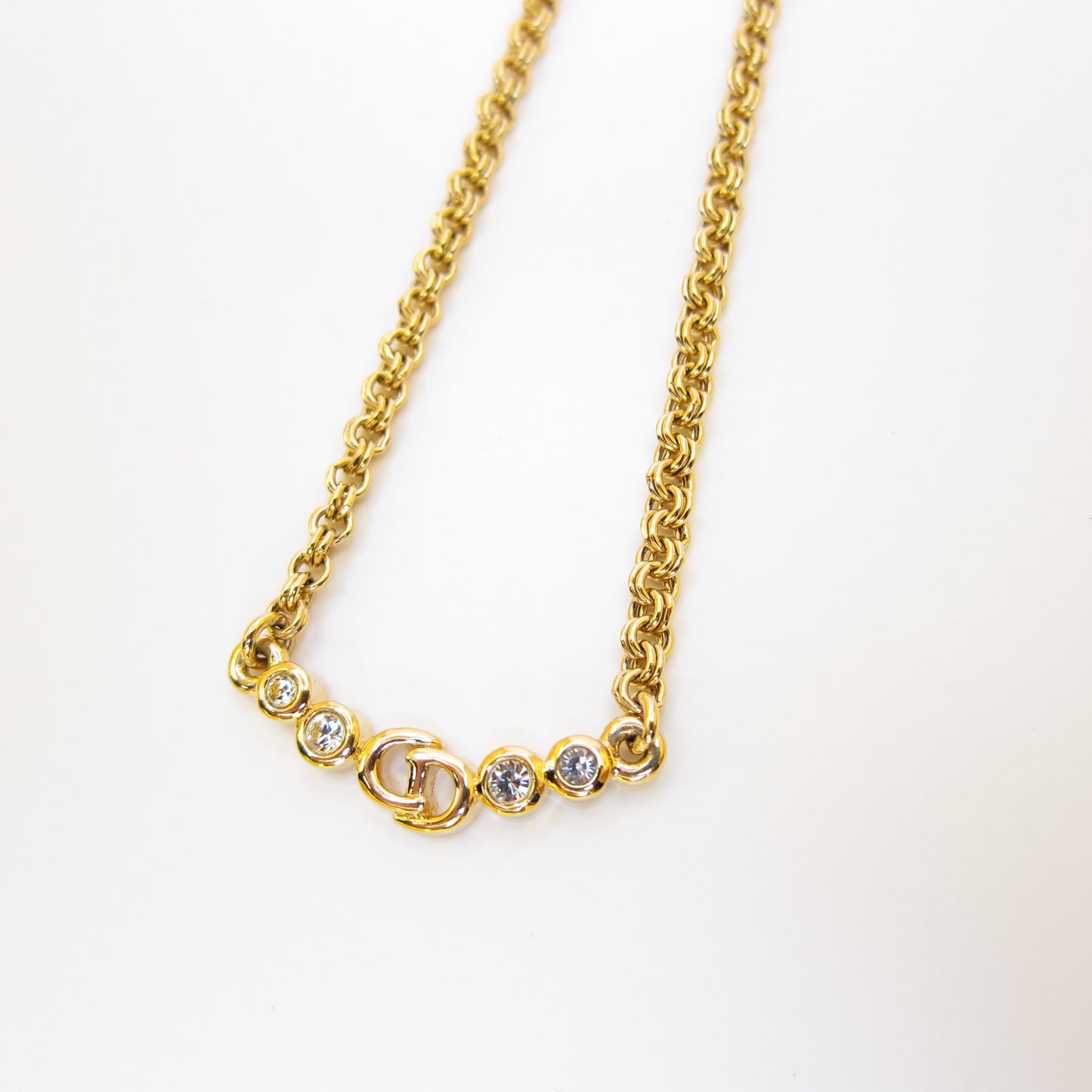 Christian Dior Vintage CD Logo and Rhinestone Golden Necklace