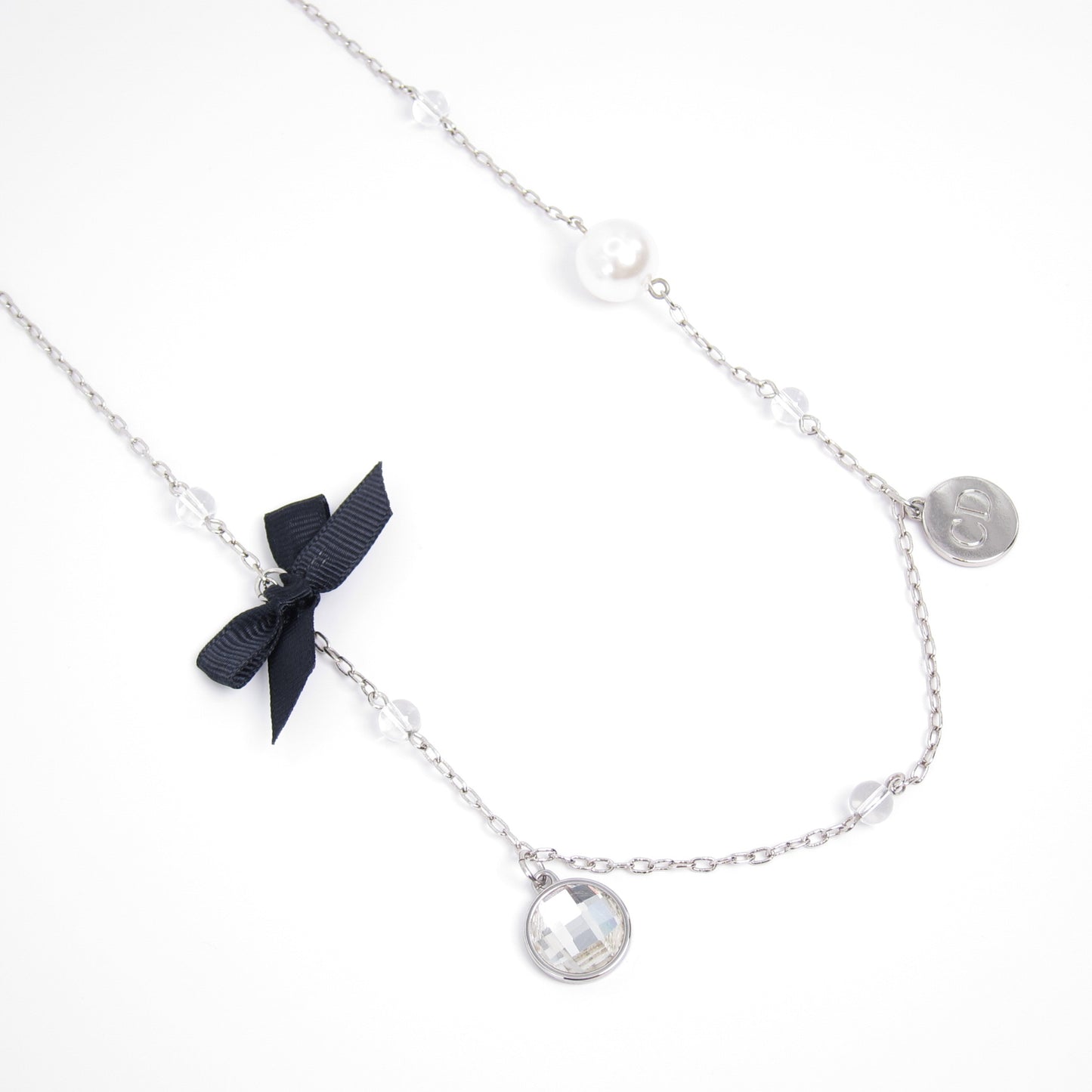 Christian Dior Vintage CD Logo Pearl Ribbon and Charms Silver Long Necklace