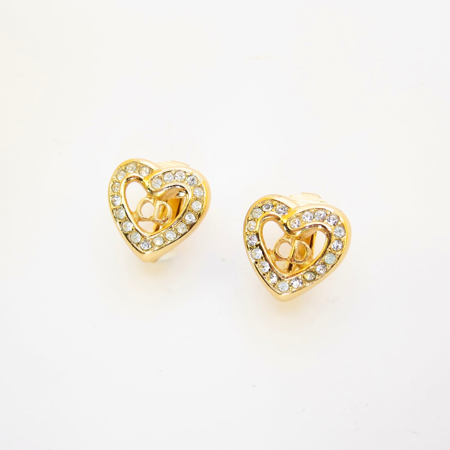 Christian Dior Vintage CD Logo in Heart with Rhinestone Golden Clip-on Earrings