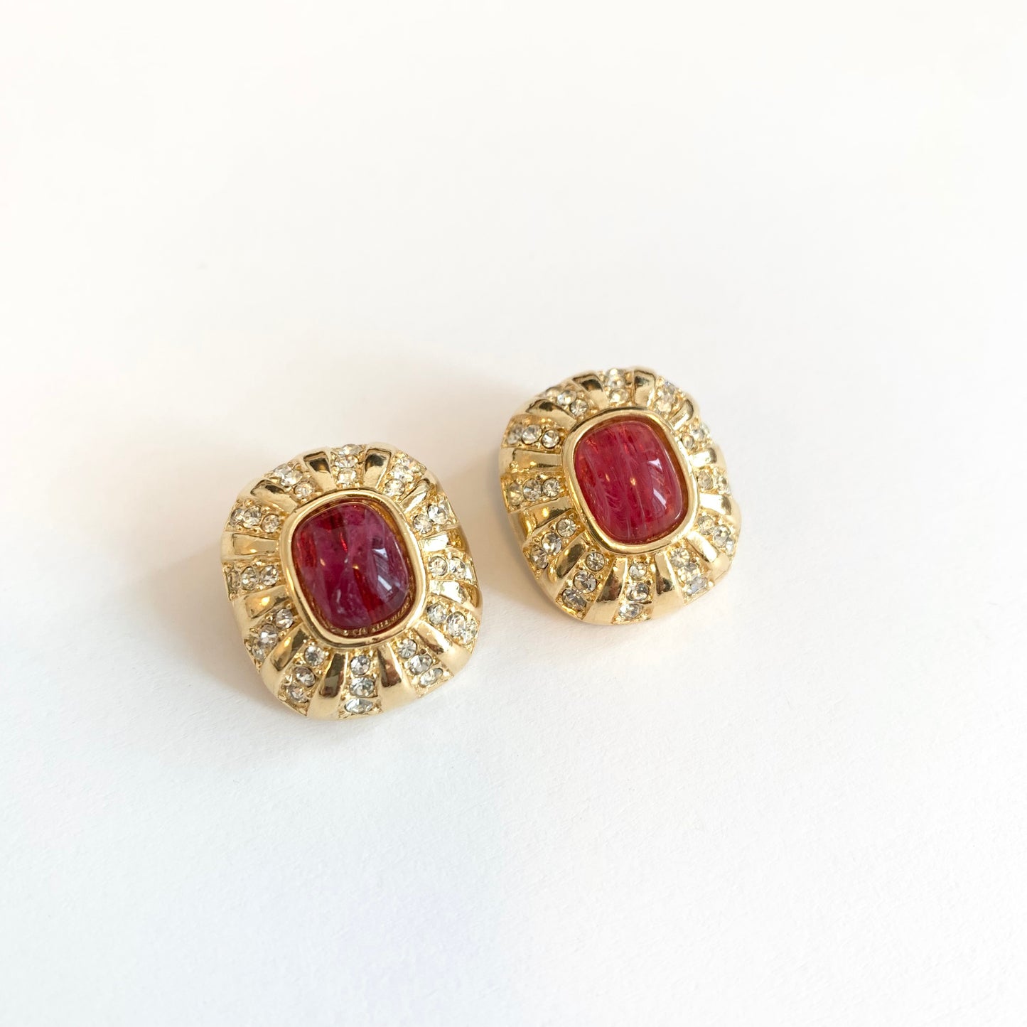 Christian Dior Vintage Red Stone and Rhinestone Golden Clip-on Earrings