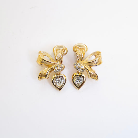 Christian Dior Vintage Ribbon Motif and Rhinestone Golden Clip-on Earrings