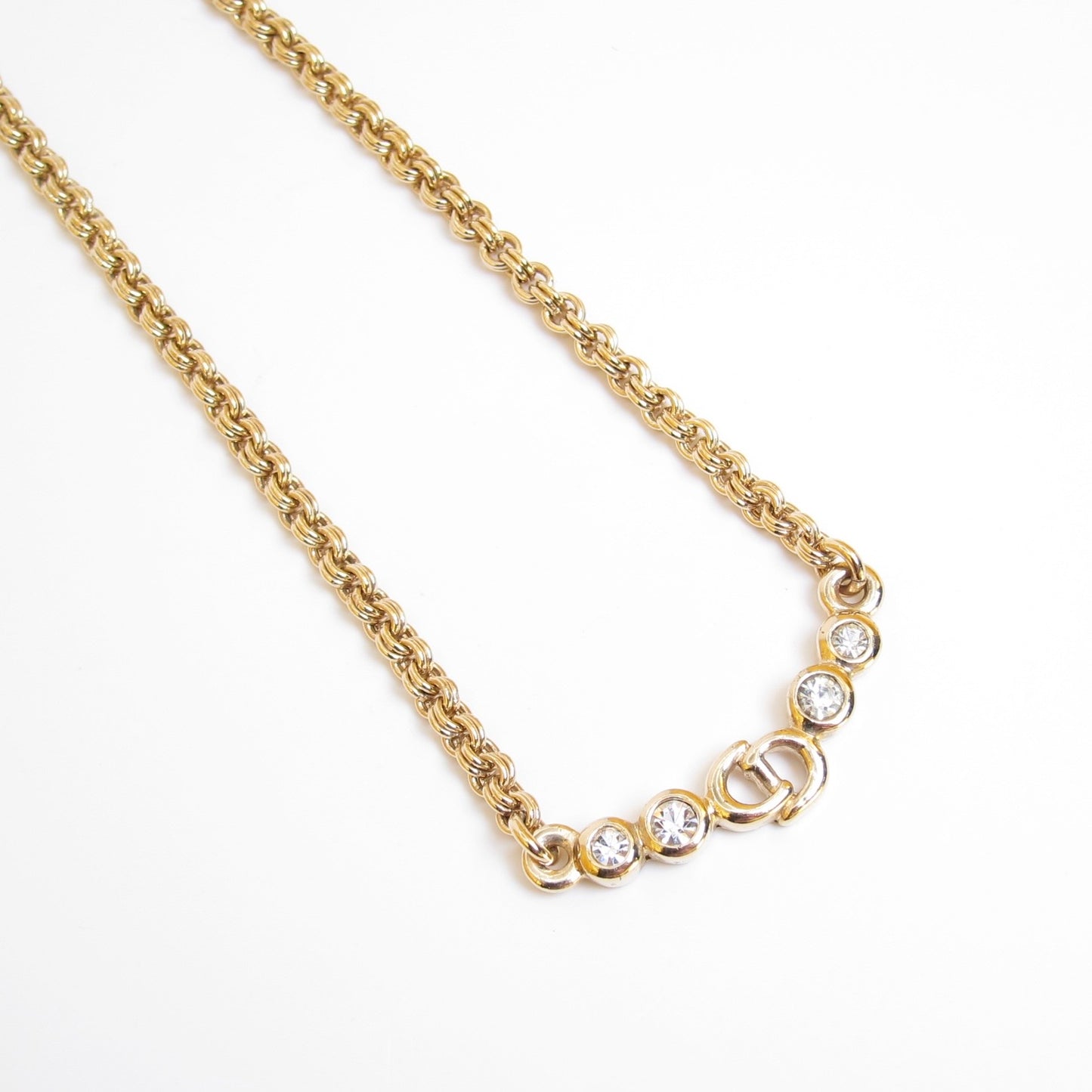 Christian Dior Vintage CD Logo and Rhinestone Golden Necklace
