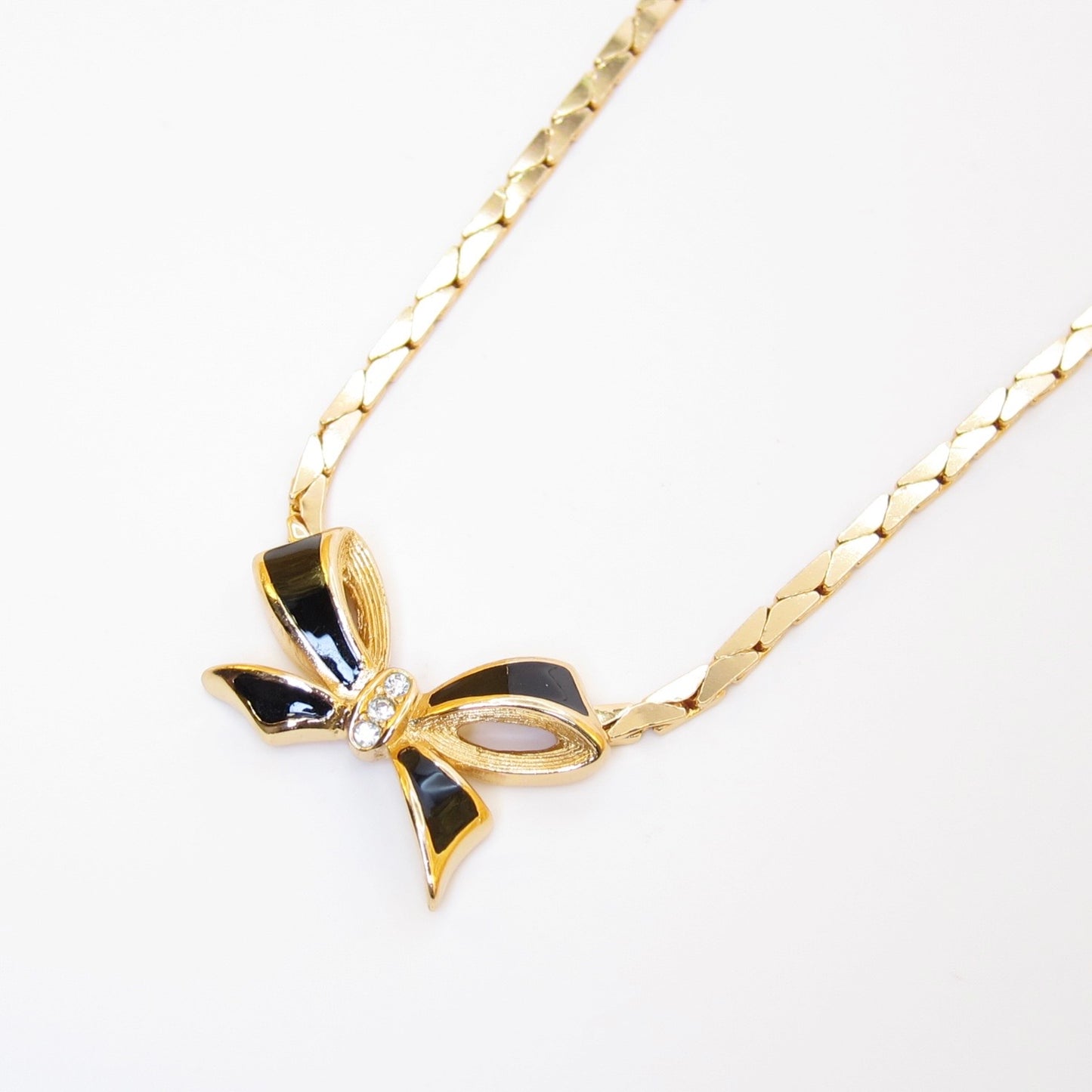 Christian Dior Vintage Ribbon with Black and Rhinestone Golden Necklace