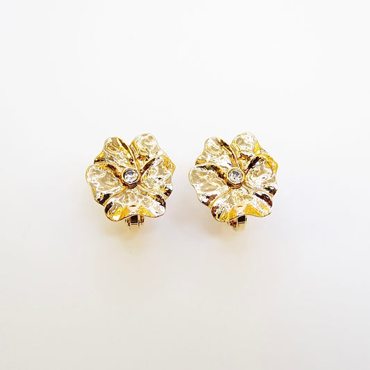 Yves Saint Laurent Vintage Flower Motif with Rhinestone Golden Clip-on Earrings