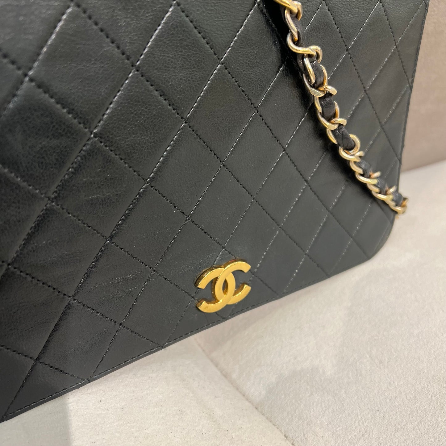 Chanel Vintage Golden Cc Logo With Black Calfskin Single Flap Handbag With Chain