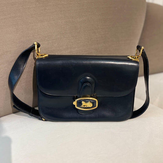 Celine Vintage Golden Carriage Buckle Black Leather Shoulder Bag