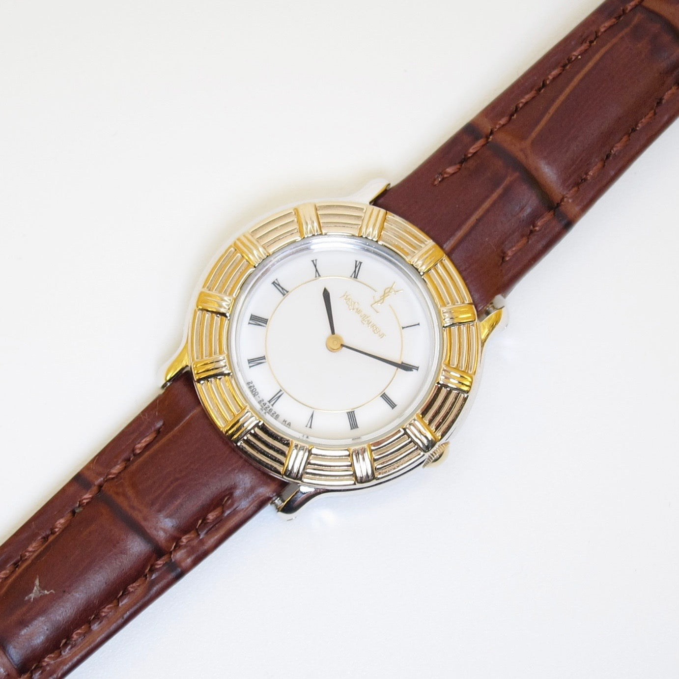 Yves Saint Laurent Vintage Round White Face with Brown Leather Strap Two Tone Watch