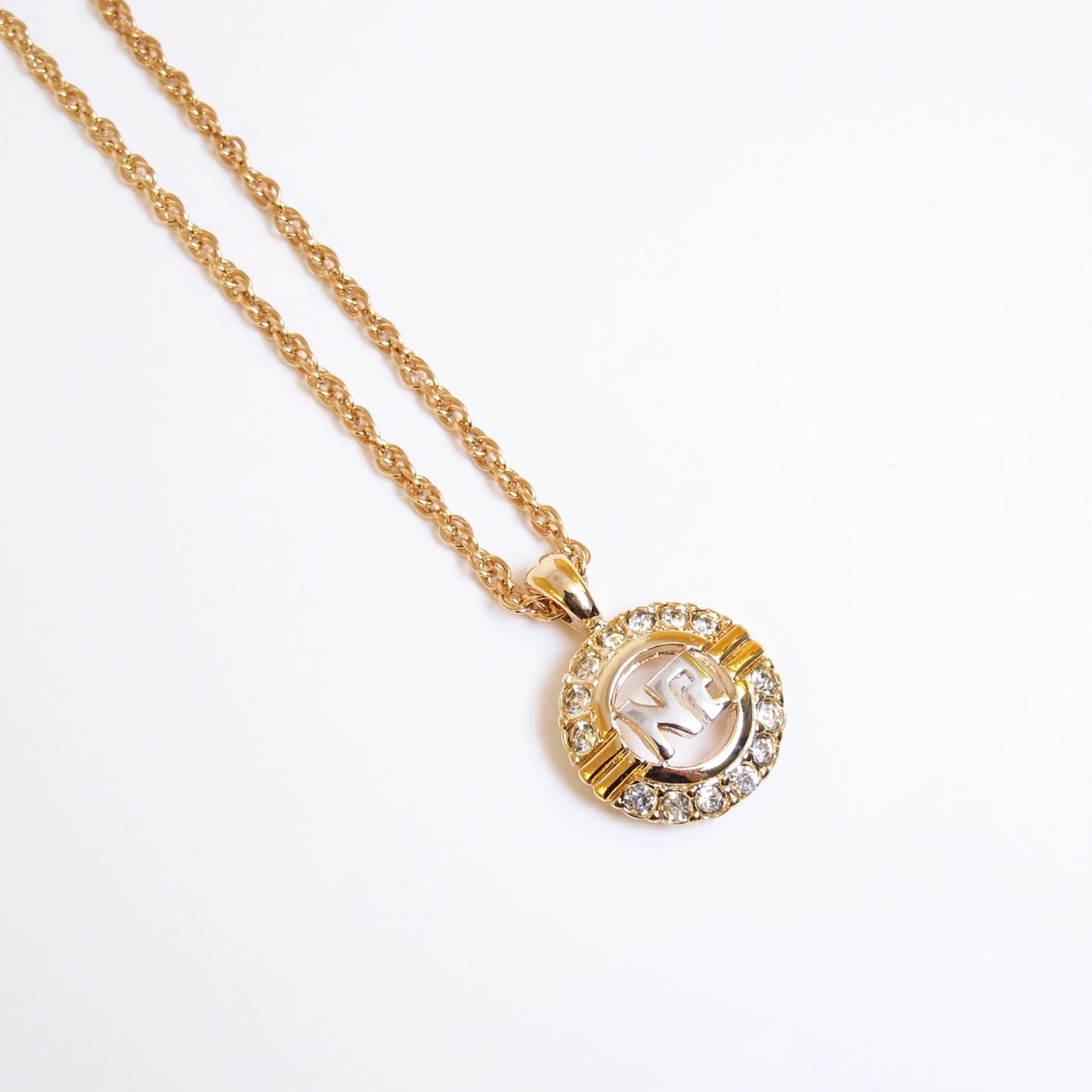 Nina Ricci Vintage NR Logo in Circle with Rhinestone Golden Necklace