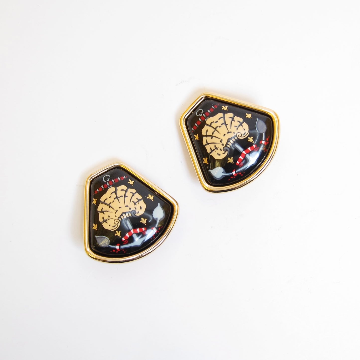 Hermes Vintage Black Enamelled Golden Clip-on Earrings