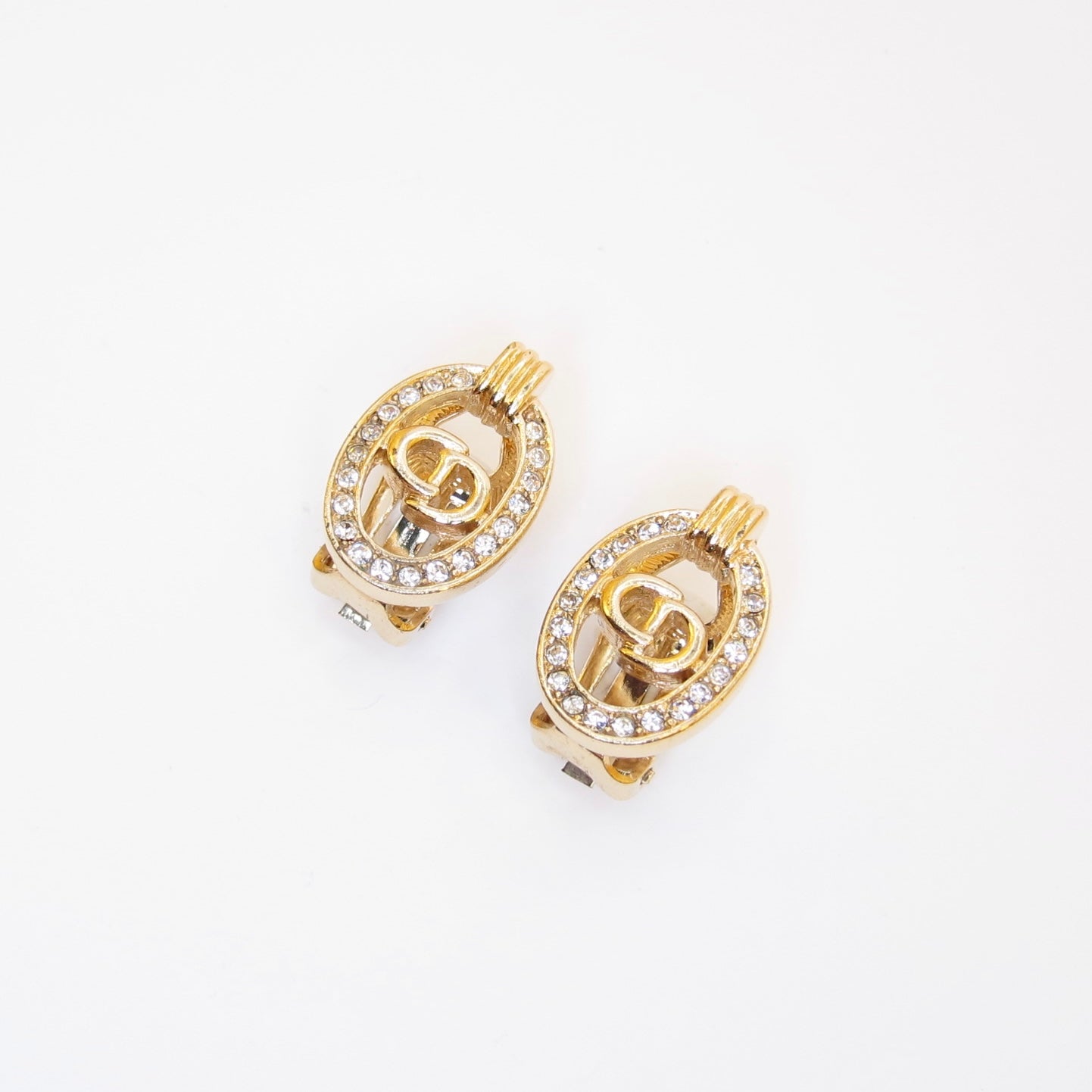 Christian Dior Vintage CD Logo in Oval Shaped with Rhinestone Golden Clip-on Earrings