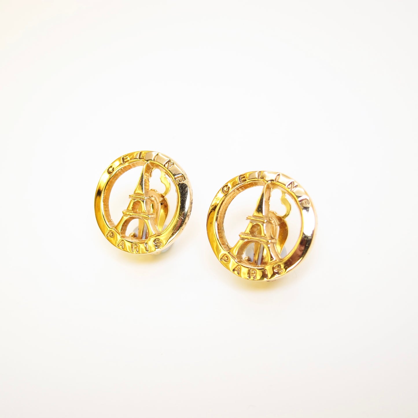 Celine Vintage Celine Logo and Eiffel Tower Golden Clip-on Earrings