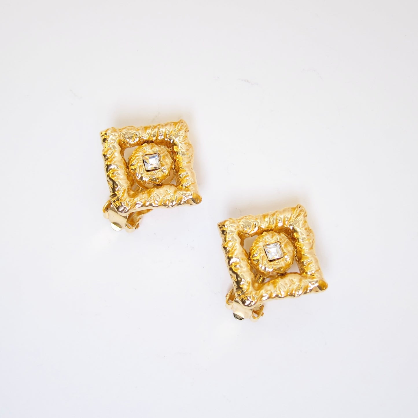 Yves Saint Laurent Vintage Rhombus with Rhinestone Golden Clip-on Earrings