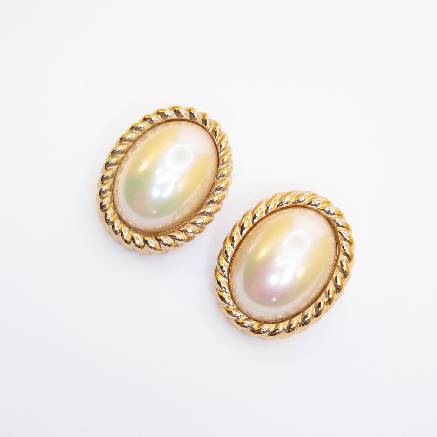 Christian Dior Vintage Oval Shaped Pearl Golden Clip-on Earrings