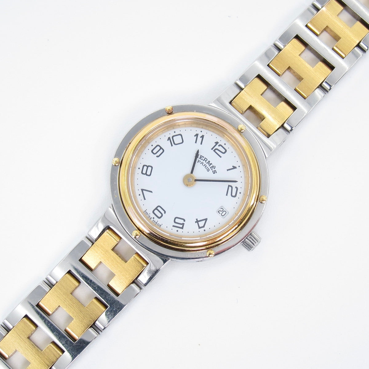 Hermes Vintage Clipper White Face with Date and H Bracelet Two Tone Watch