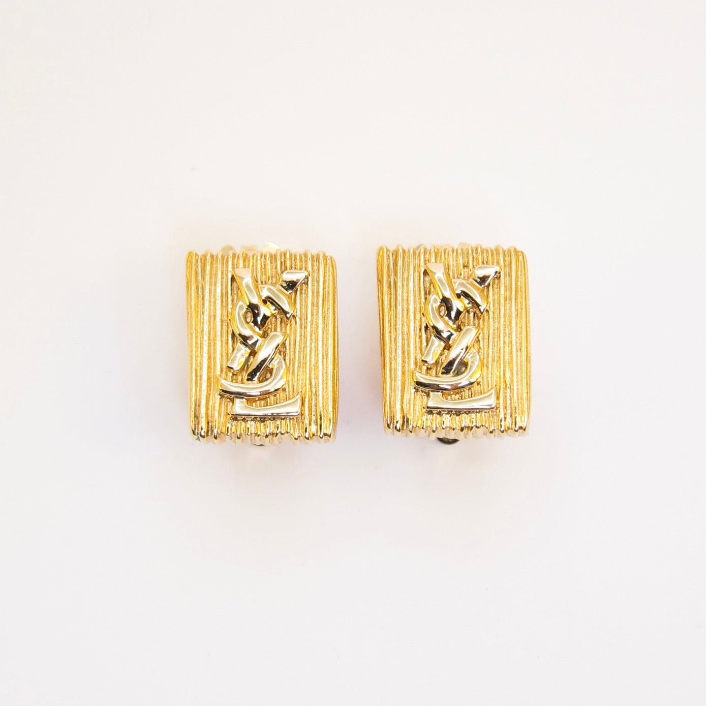 Yves Saint Laurent Vintage Ysl Logo Rectangle Golden Clip-on Earrings