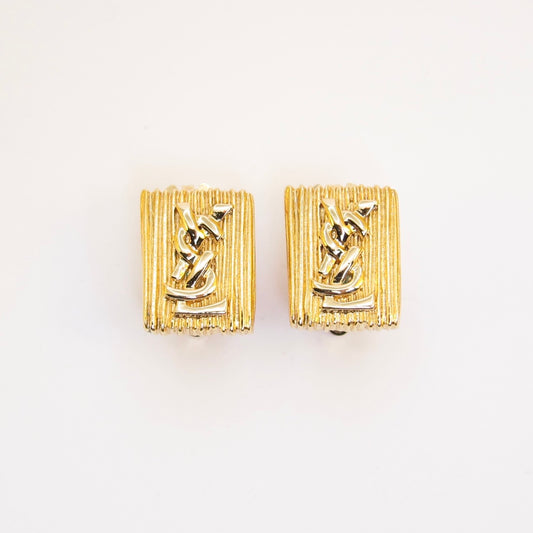 Yves Saint Laurent Vintage Ysl Logo Rectangle Golden Clip-on Earrings