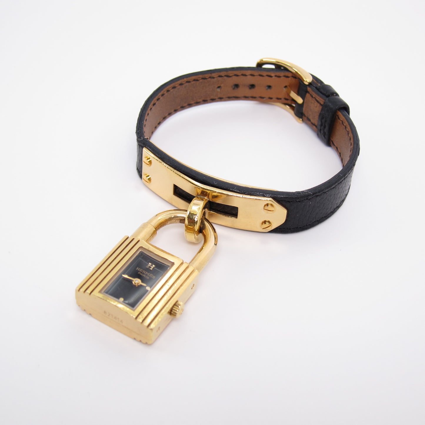 Hermes Vintage Black Face Kelly Watch with Leather Strap