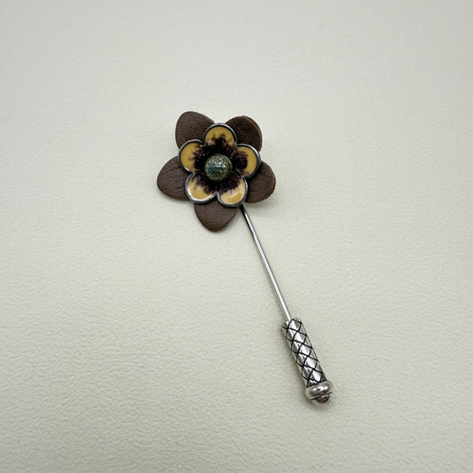 Bottega Veneta Vintage Flower Motif Leather and 925 Silver Brooch