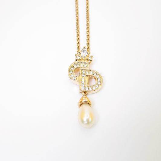 Christian Dior Vintage CD Logo with Rhinestone and Pearl Golden Necklace