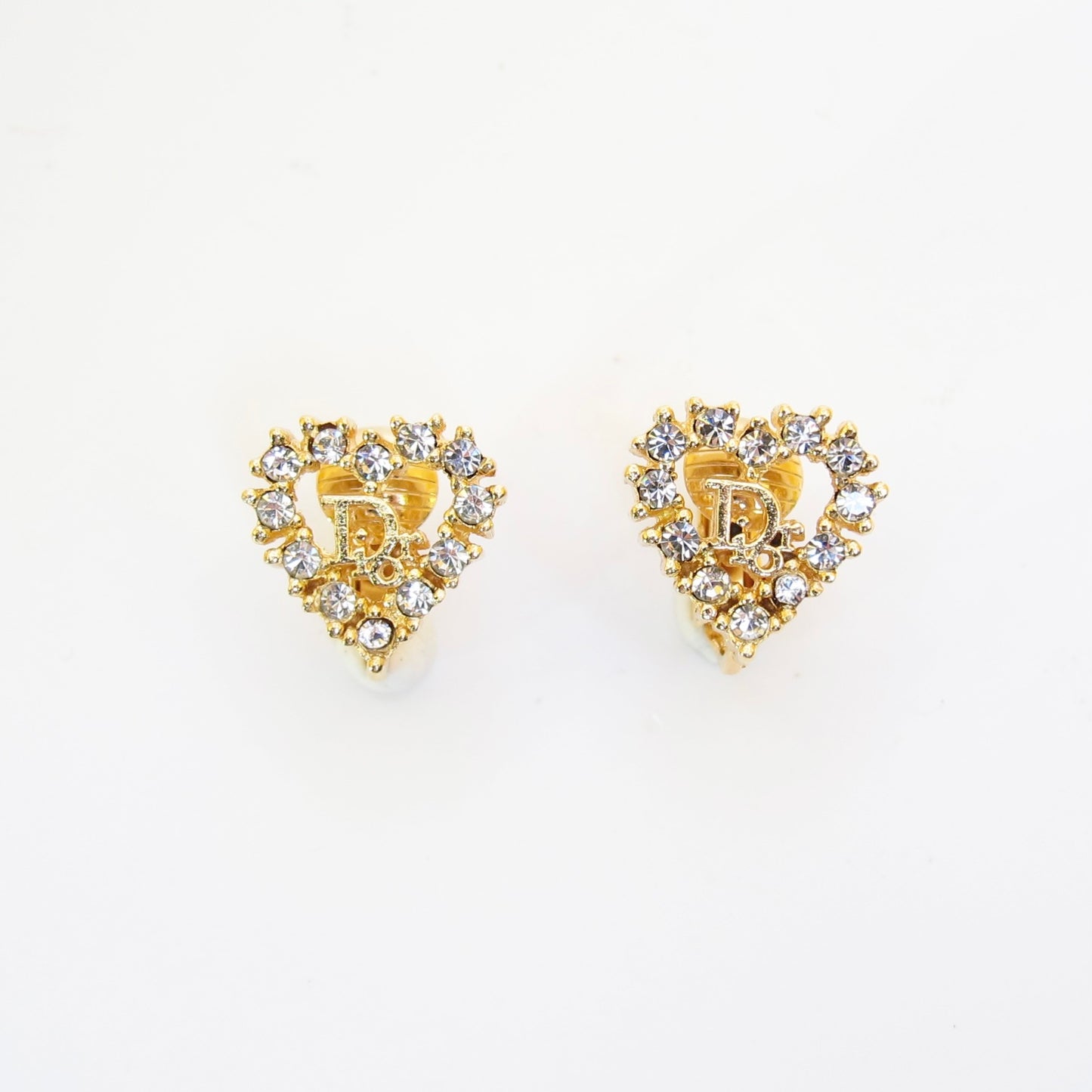 Christian Dior Vintage Dior Logo in Heart with Rhinestone Golden Clip-on Earrings