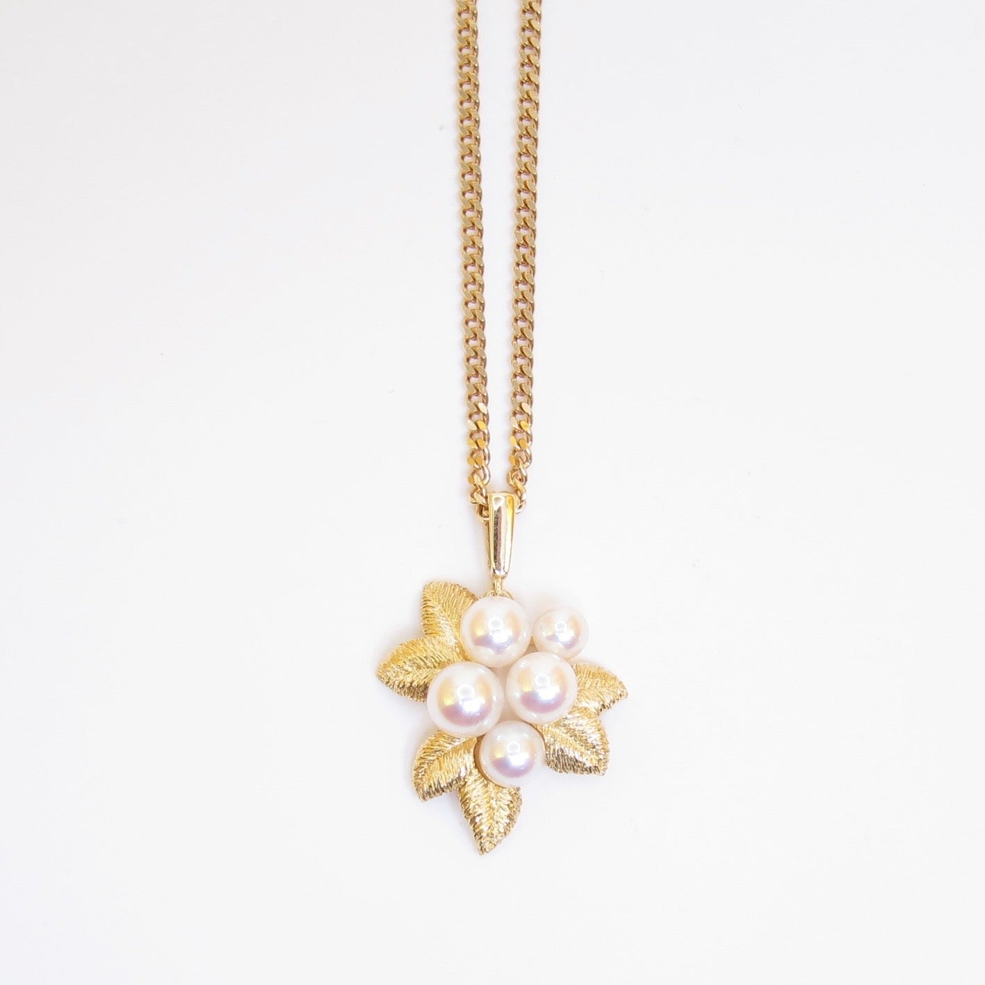 Mikimoto Vintage 18K Gold Textured Leaf & Akoya 5-Pearl Necklace
