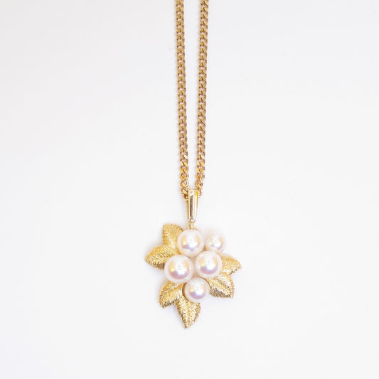 Mikimoto Vintage 18K Gold Textured Leaf & Akoya 5-Pearl Necklace