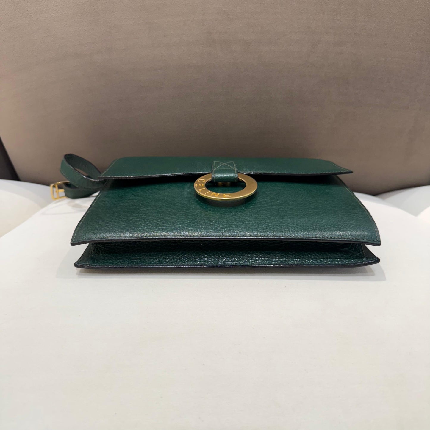 Celine Vintage Circle Logo Forest Green Leather Shoulder Bag