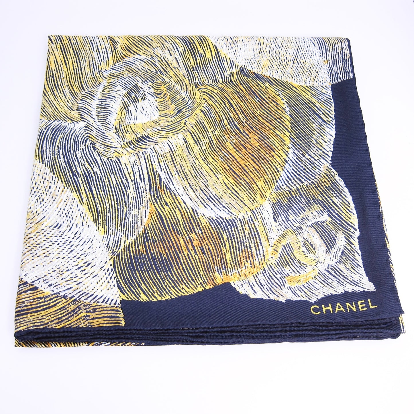 Chanel Vintage Camellia Moons Pattern Silk Scarf