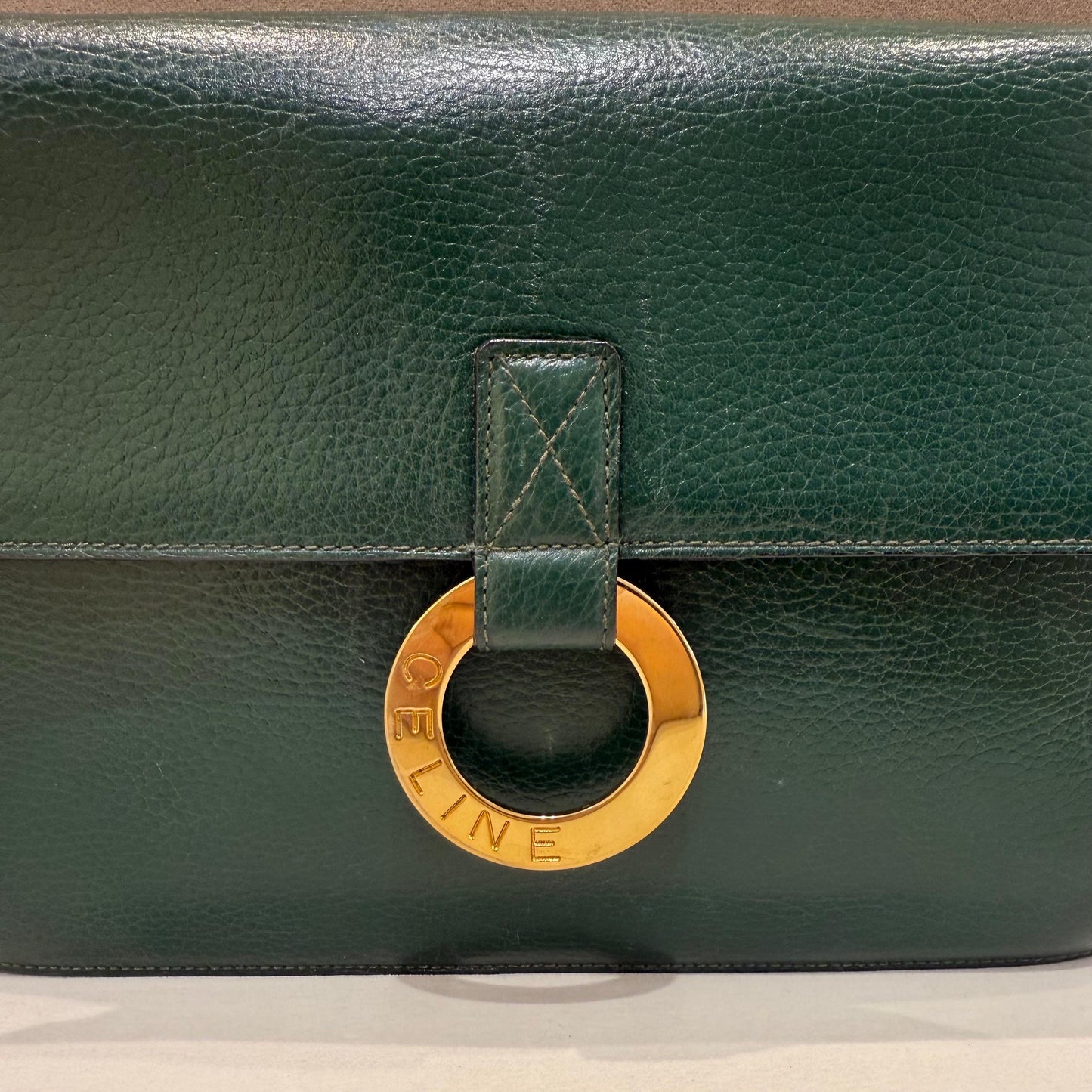 Celine Vintage Circle Logo Forest Green Leather Shoulder Bag