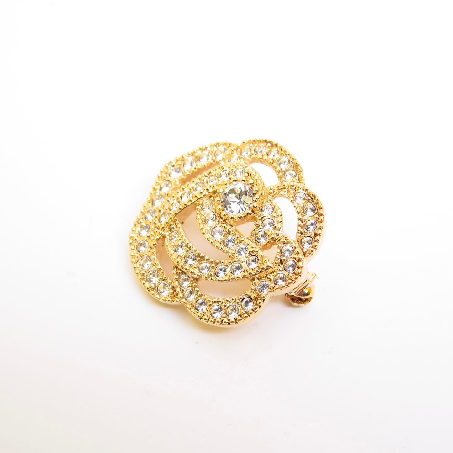 Christian Dior Vintage Flower Motif with Rhinestone Golden Brooch