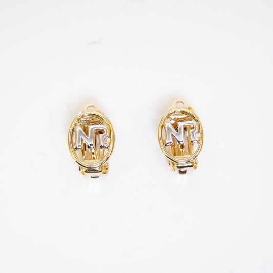 Nina Ricci Vintage NR Logo in Oval Shape Golden Clip-on Earrings