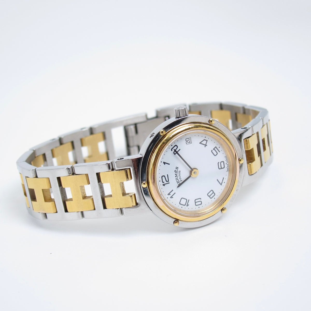 Hermes Vintage Clipper White Face with Date and H Bracelet Two Tone Watch