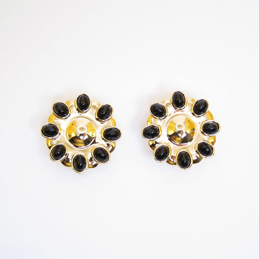 Nina Ricci Vintage Black Color Stone Golden Clip-on Earrings