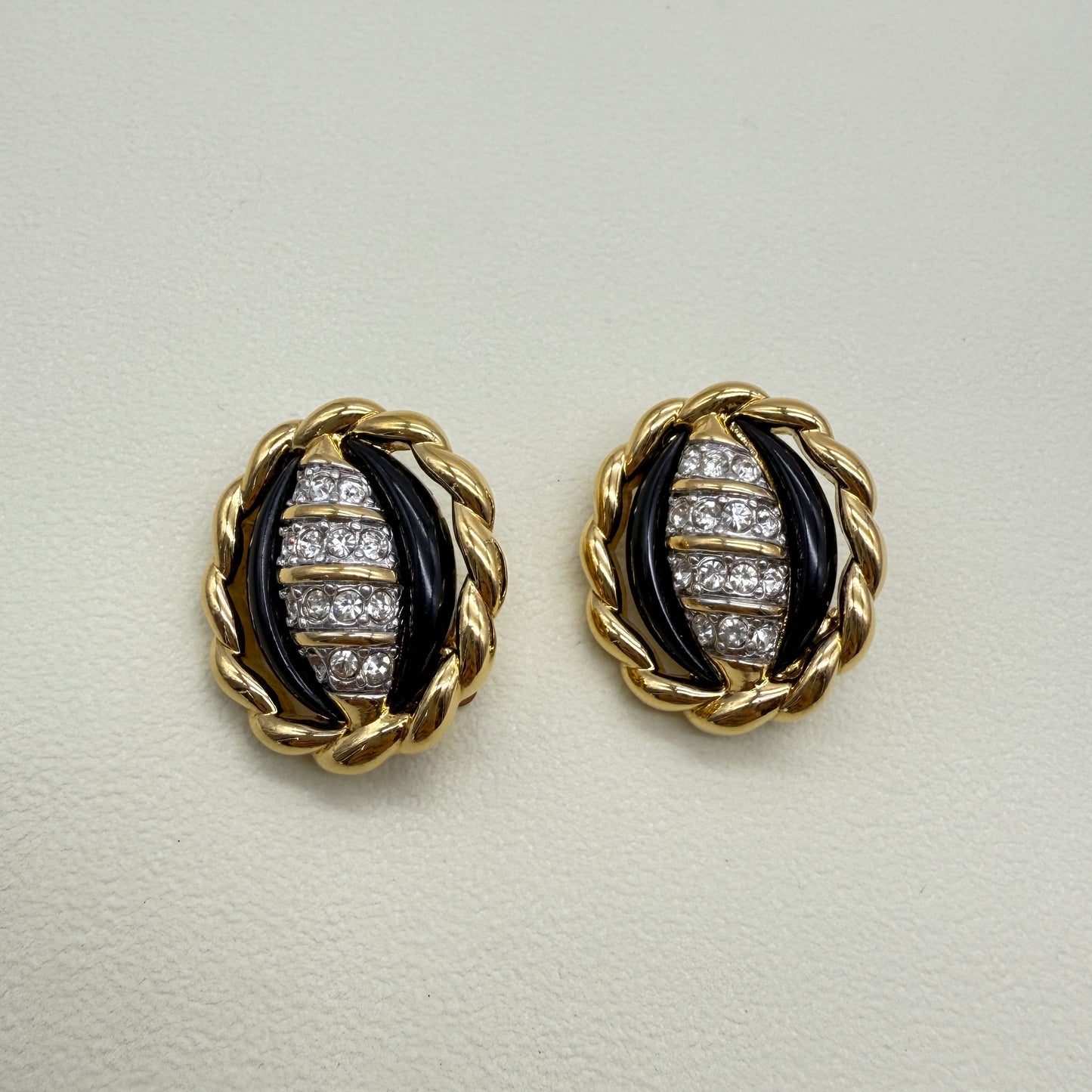 Nina Ricci Vintage Black and Rhinestone Golden Clip-on Earrings
