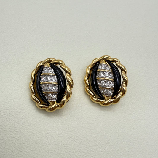 Nina Ricci Vintage Black and Rhinestone Golden Clip-on Earrings