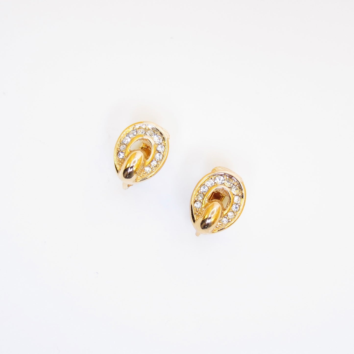 Christian Dior Vintage Oval Shaped with Rhinestone Golden Clip-on Earrings