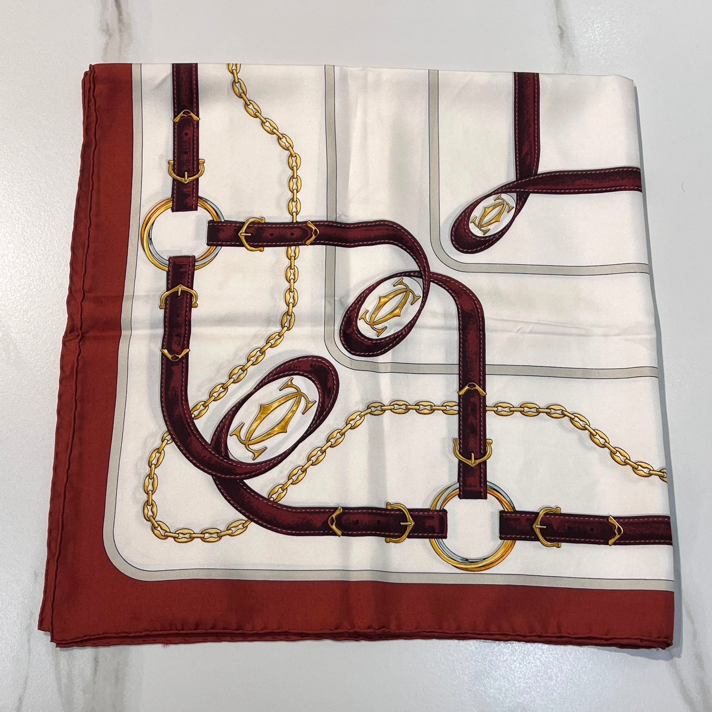 Cartier Vintage Must De Cartier Belt & Chain Motif Silk Square Scarf