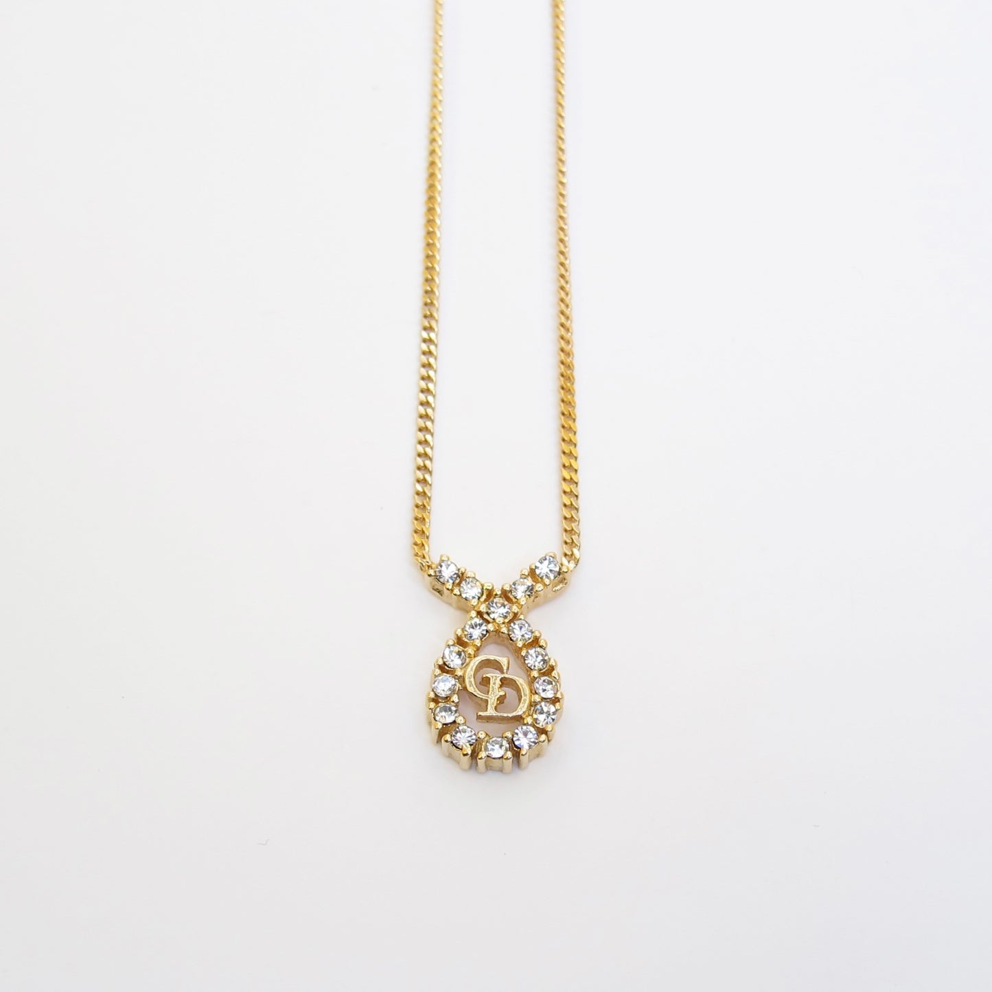 Christian Dior Vintage CD Logo in Drop Shape with Rhinestone Golden Necklace