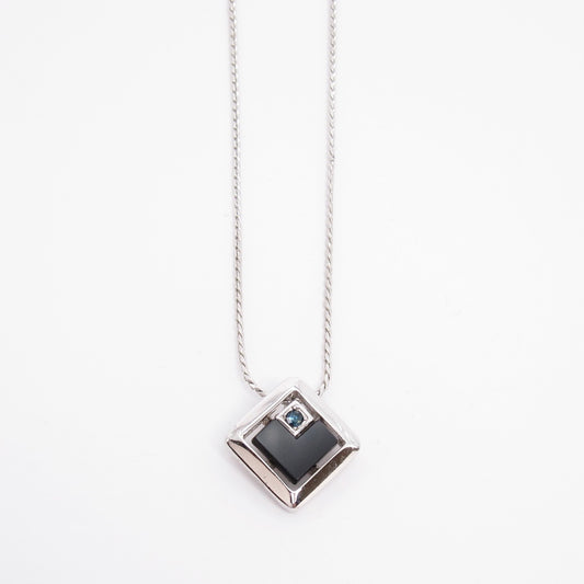 Givenchy Vintage Geometric Black and Blue Color Stone Silver Pendant Necklace