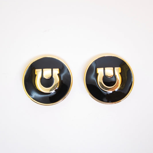 Ferragamo Vintage Gancini Black and Golden Clip-on Earrings