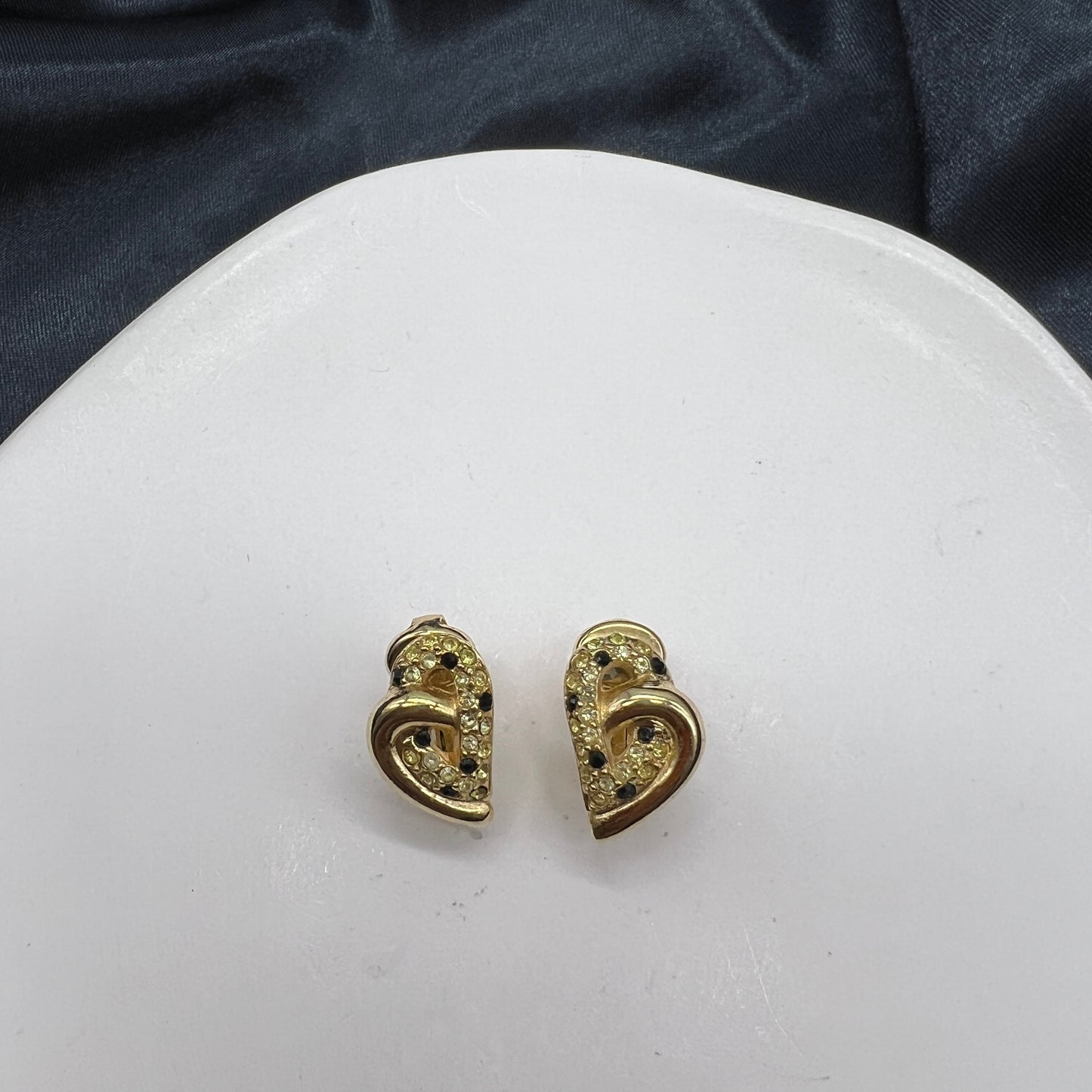 Christian Dior Vintage Heart Shape with Rhinestone Golden Clip-On Earrings