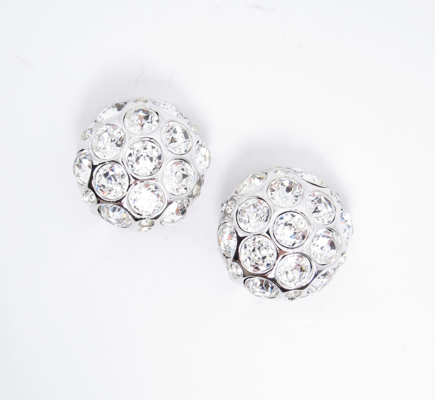 Christian Dior 復古圓形鑲鑽銀色夾式耳環