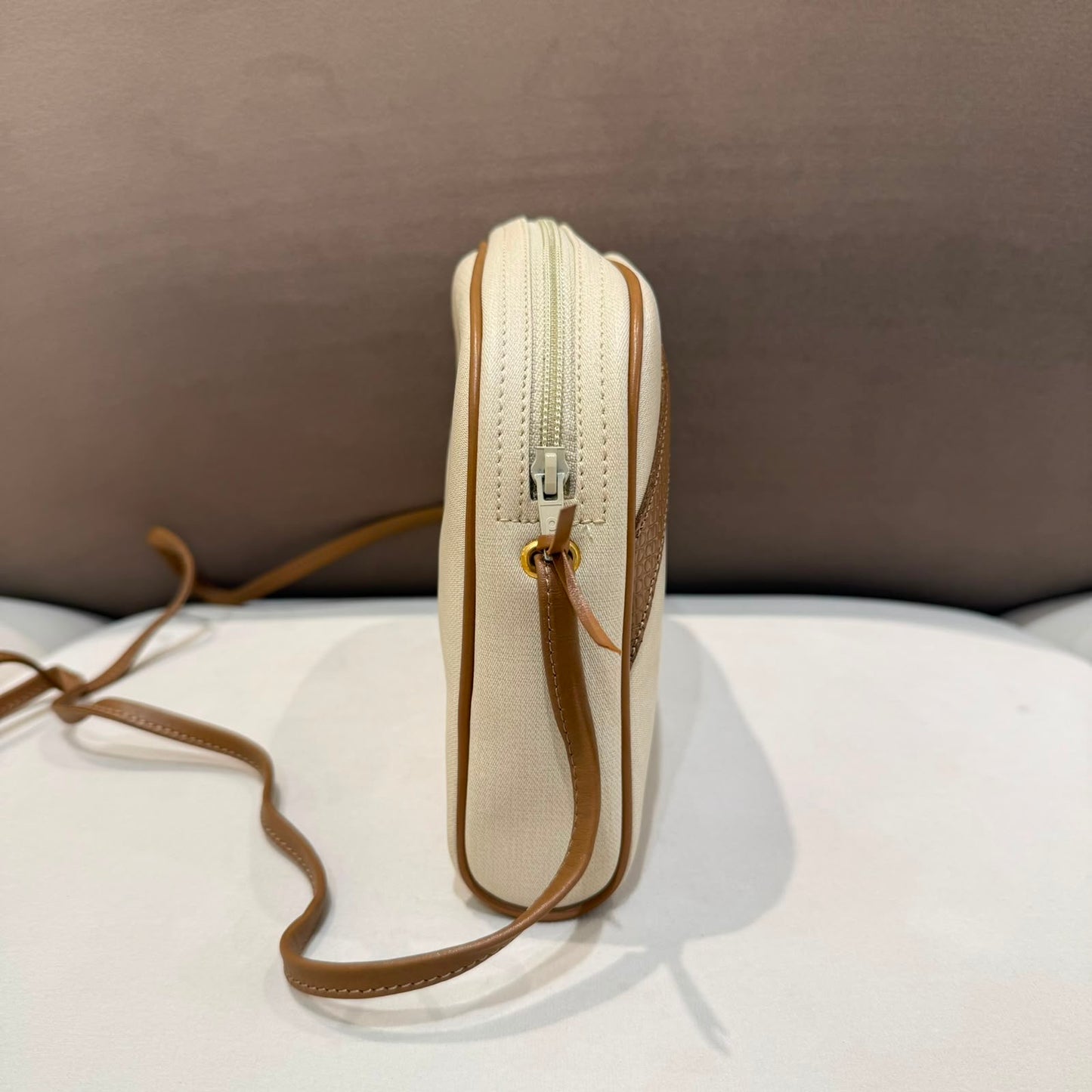 Christian Dior Vintage Ivory Canvas Tan Leather Shoulder Bag