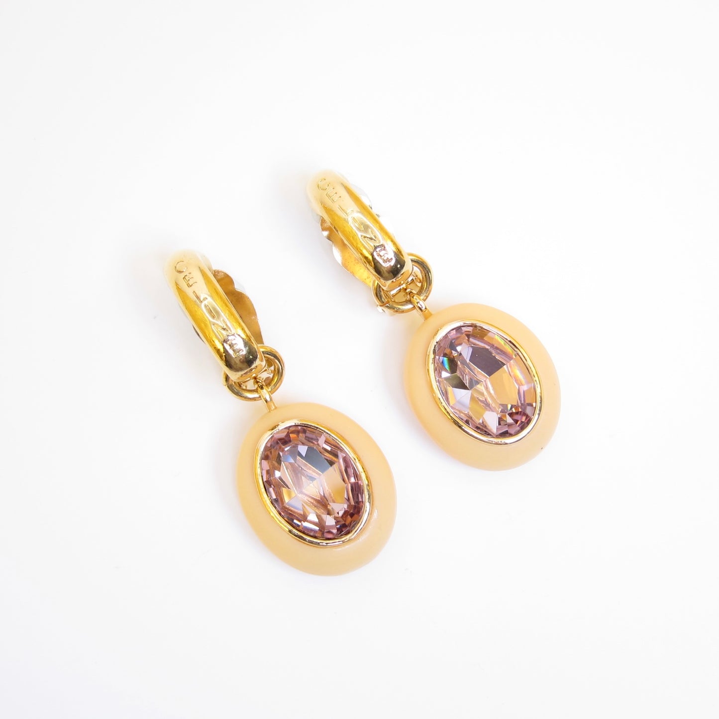 Celine Vintage Celine Logo and Pink Color Stone Golden Dangle Clip-on Earrings