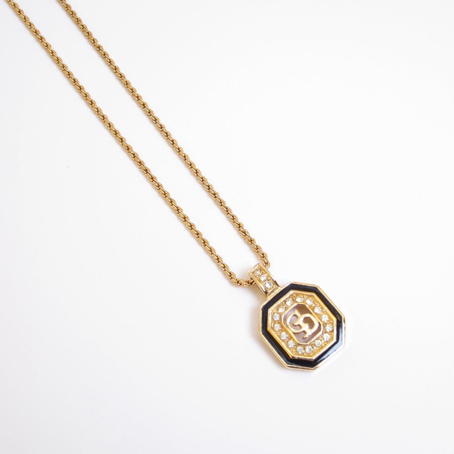 Christian Dior Vintage CD Logo in Octagon Black and Rhinestone Golden Necklace